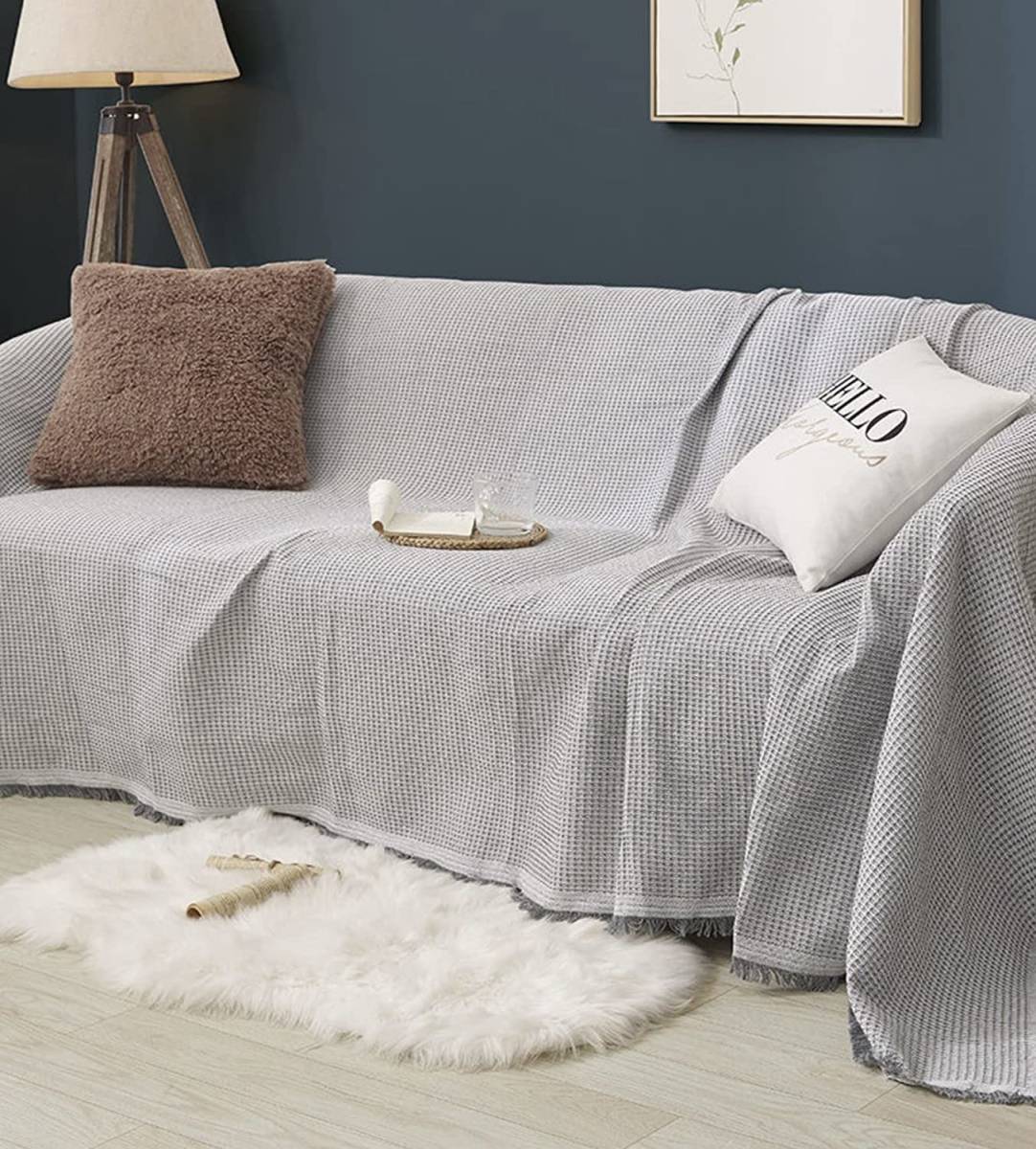  multi cover (230cm*275cm, gray ) Northern Europe manner sofa cover waffle cloth stylish multifunction fringe attaching bedcover blanket 