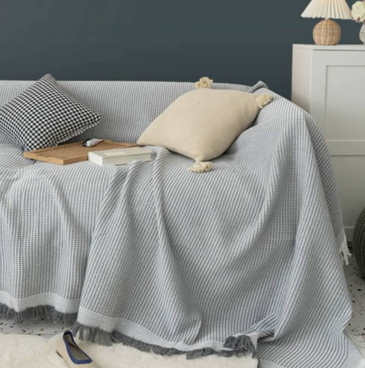  multi cover (230cm*275cm, gray ) Northern Europe manner sofa cover waffle cloth stylish multifunction fringe attaching bedcover blanket 