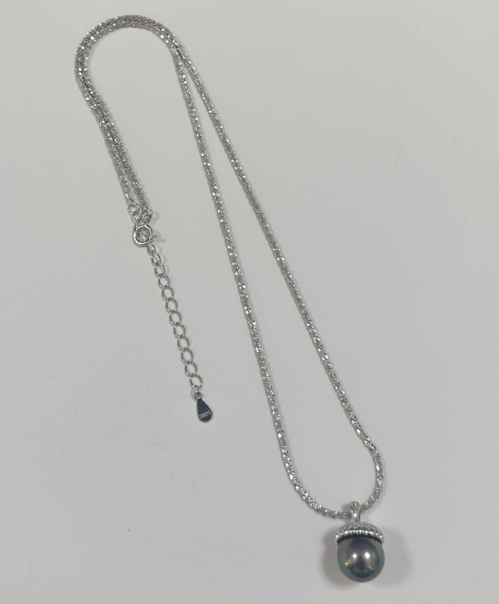S925タヒチ黒蝶真珠ネックレス 可愛いドングリ 天然色 本真珠