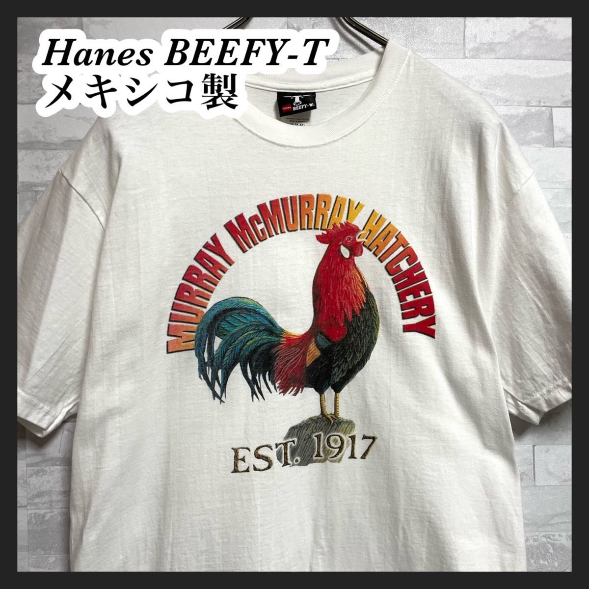 【Hanes BEEFY-T】ヘインズビーフィー　メンズ　Mサイズ　半袖tシャツ　ニワトリ柄　メキシコ製　古着　訳あり品