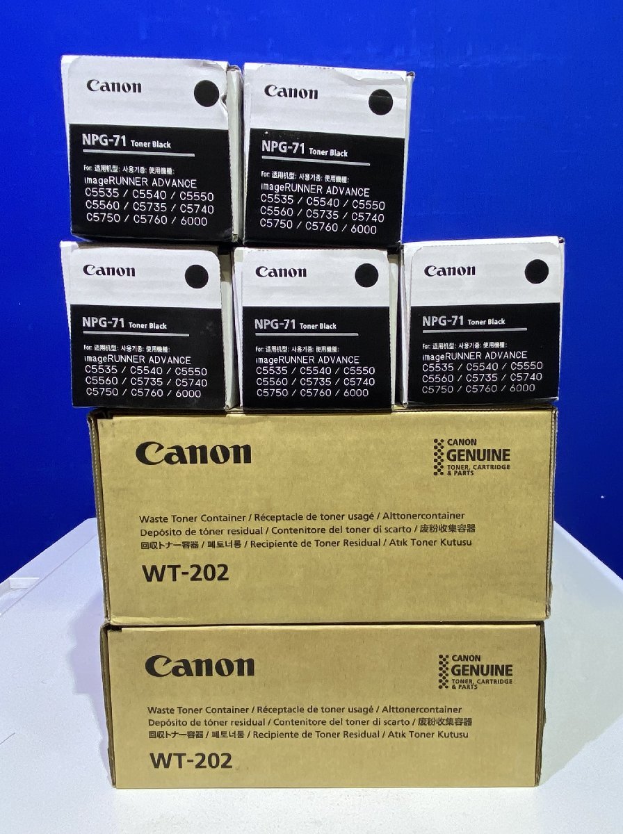 【越谷発】純正未使用品【CANON】☆トナーカートリッジ NPG-71 (K×5) / WT-202 回収ボックス×2本付き☆(35460)