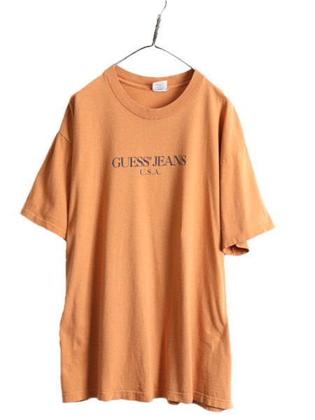90s USA製 大きいサイズ XL ■ ゲス マルシアーノ プリント 半袖 Tシャツ ( メンズ ) 古着 GUESS MARCIANO 90年代 オールド ロゴT オレンジ