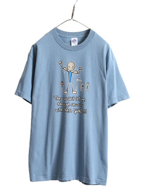 00s ■ イラスト プリント 半袖 Tシャツ ( メンズ L ) 古着 00年代 オールド 当時物 キャラクター メッセージ プリントT ヘビーウェイト 青