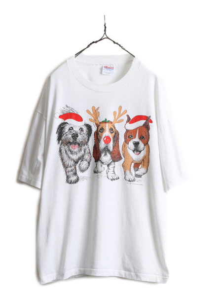 90s ■ ドッグ イラスト 両面 プリント 半袖 Tシャツ メンズ XL 90年代 オールド 動物 犬 アート アニマル キャラクター オーバーサイズ 白