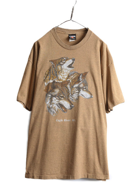 90s USA製 大きいサイズ XXL ■ ウルフ イラスト プリント 半袖 Tシャツ メンズ 2XL 90年代 狼 アニマル オオカミ アート グラフィック 茶