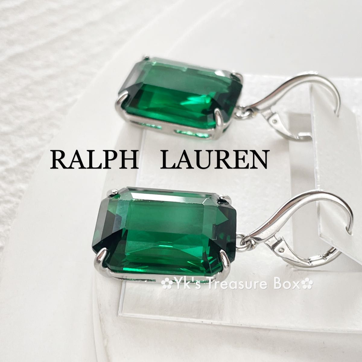 P458/RALPH LAUREN/希少/エメラルドグリーンxシルバー矩形ピアス
