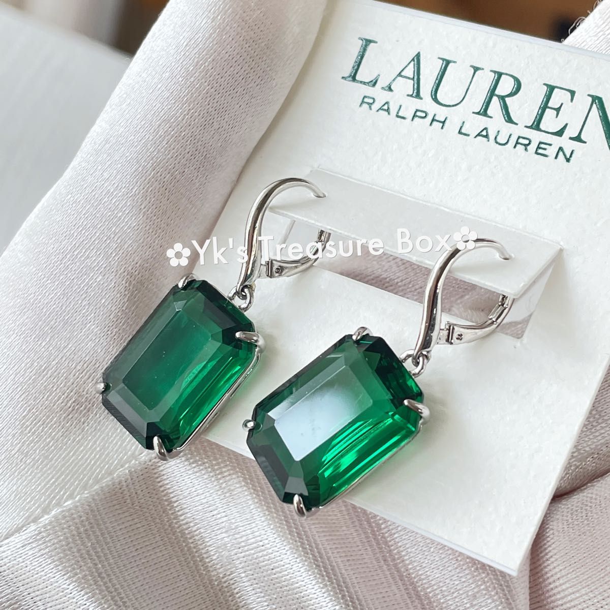 P458/RALPH LAUREN/希少/エメラルドグリーンxシルバー矩形ピアス