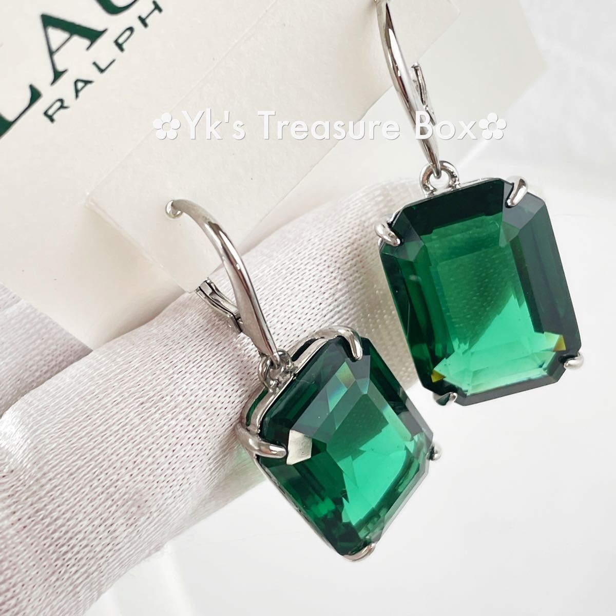 P458/RALPH LAUREN/希少/エメラルドグリーンxシルバー矩形ピアス