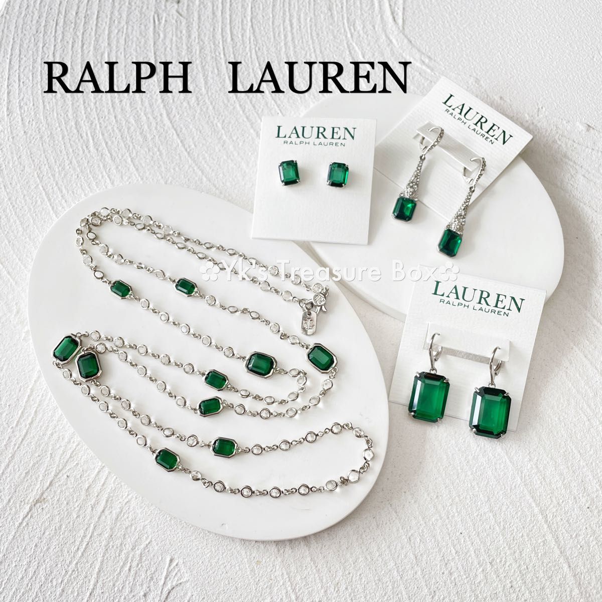 P458/RALPH LAUREN/希少/エメラルドグリーンxシルバー矩形ピアス