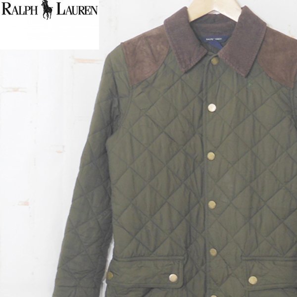 ラルフローレンRALPH LAUREN■キルティング コート スナップボタン 本革スウェードパッチ 子ども用■L(12-14)■カーキ ※NK3629201_画像1