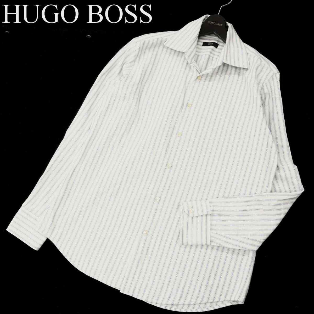 HUGO BOSS ヒューゴボス 春夏 長袖 ストライプ ワイシャツ ドレスシャツ Sz.41-16　メンズ 白 ビジカジ 大きいサイズ　C3T05989_7#A_画像1