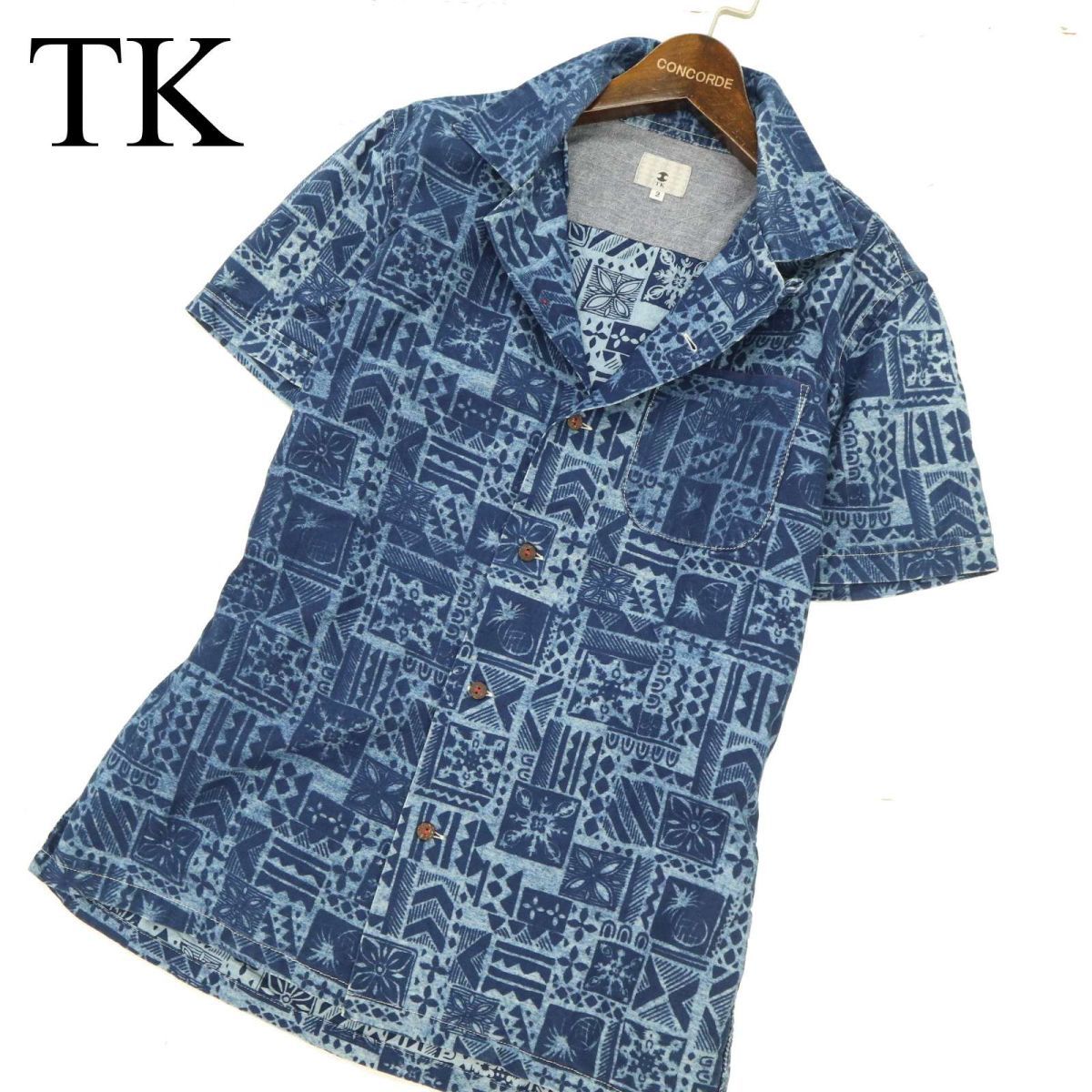 TK Takeo Kikuchi spring summer short sleeves total pattern * indigo shirt Sz.2 men's navy made in Japan C3T06186_7#A