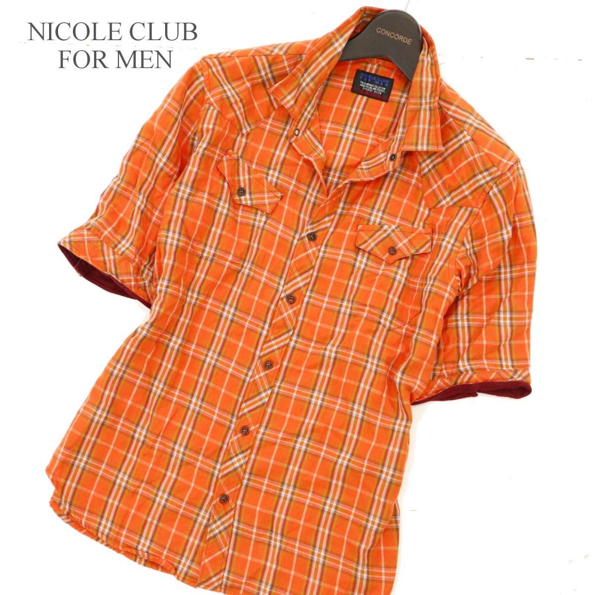 NICOLE CLUB FOR MEN ニコルクラブ フォーメン 春夏 半袖 襟袖ワイヤー★ ウエスタン チェック シャツ Sz.46　メンズ　C3T06259_7#A_画像1