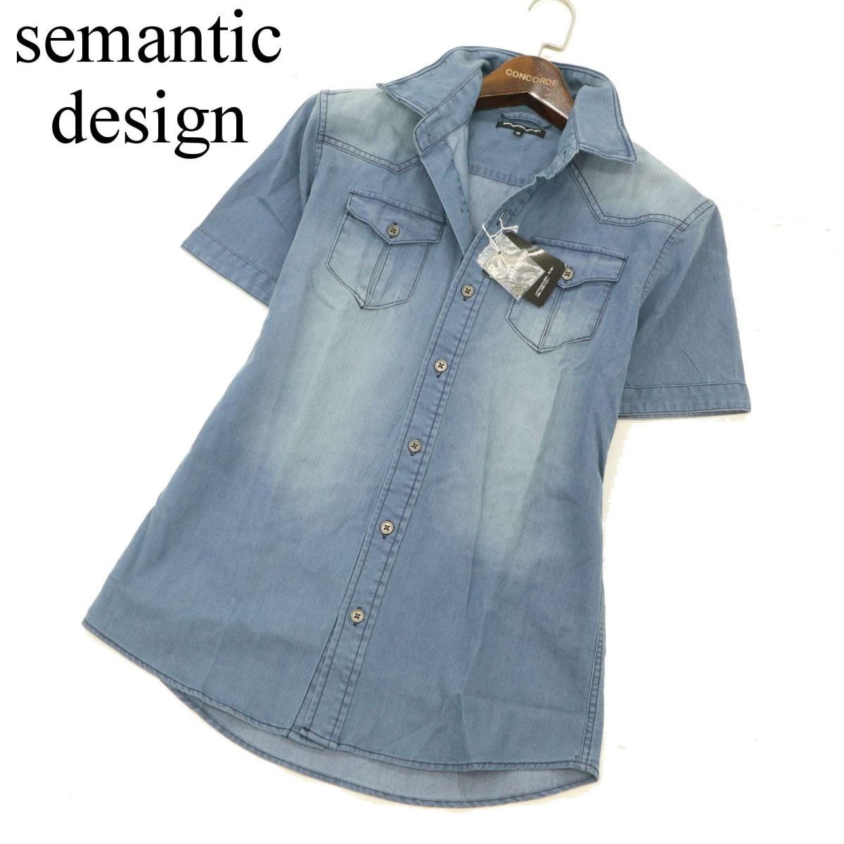 【新品 未使用】 semantic design セマンティック デザイン 半袖 襟ワイヤー★ 加工 ウエスタン デニム シャツ Sz.M　メンズ　C3T06358_7#A_画像1