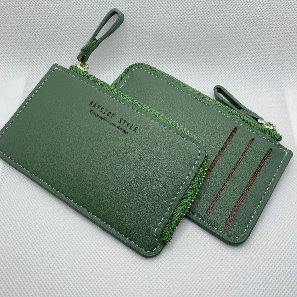 薄型　小銭入れ　カードケース　L字 ファスナー 財布 コインケース　フラグメントケース　緑色　グリーン