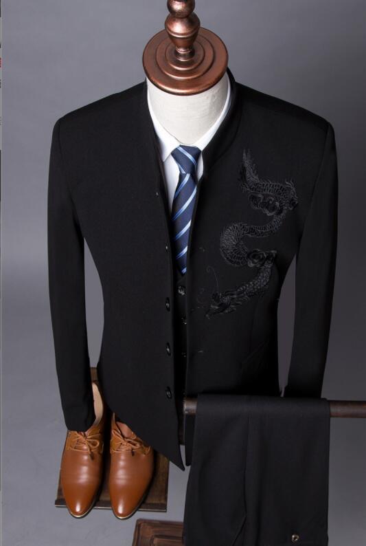 新品! 3ピーススーツ ビジネス メンズ 刺繍 チャイナ風 細身 龍 色サイズ選択可 ワインレッド ジャケット+ベストM-3XL パンツW28-36_画像5