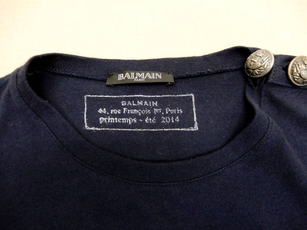 k-792/BALMAIN Tシャツ/XS/肩ボタン エンブレムボタン ネイビー ボーダー/コットン リネン/バルマン 半袖 カットソー_画像2