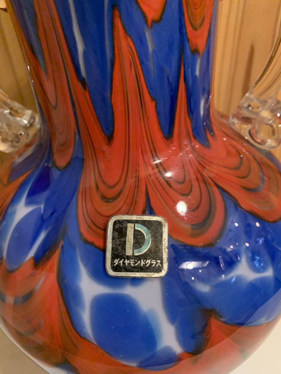 ブロカント フラワーベース 赤青 花瓶 壺 硝子 ガラス ダイヤモンドグラス マーブルカラー 昭和 レトロ 取手_画像2