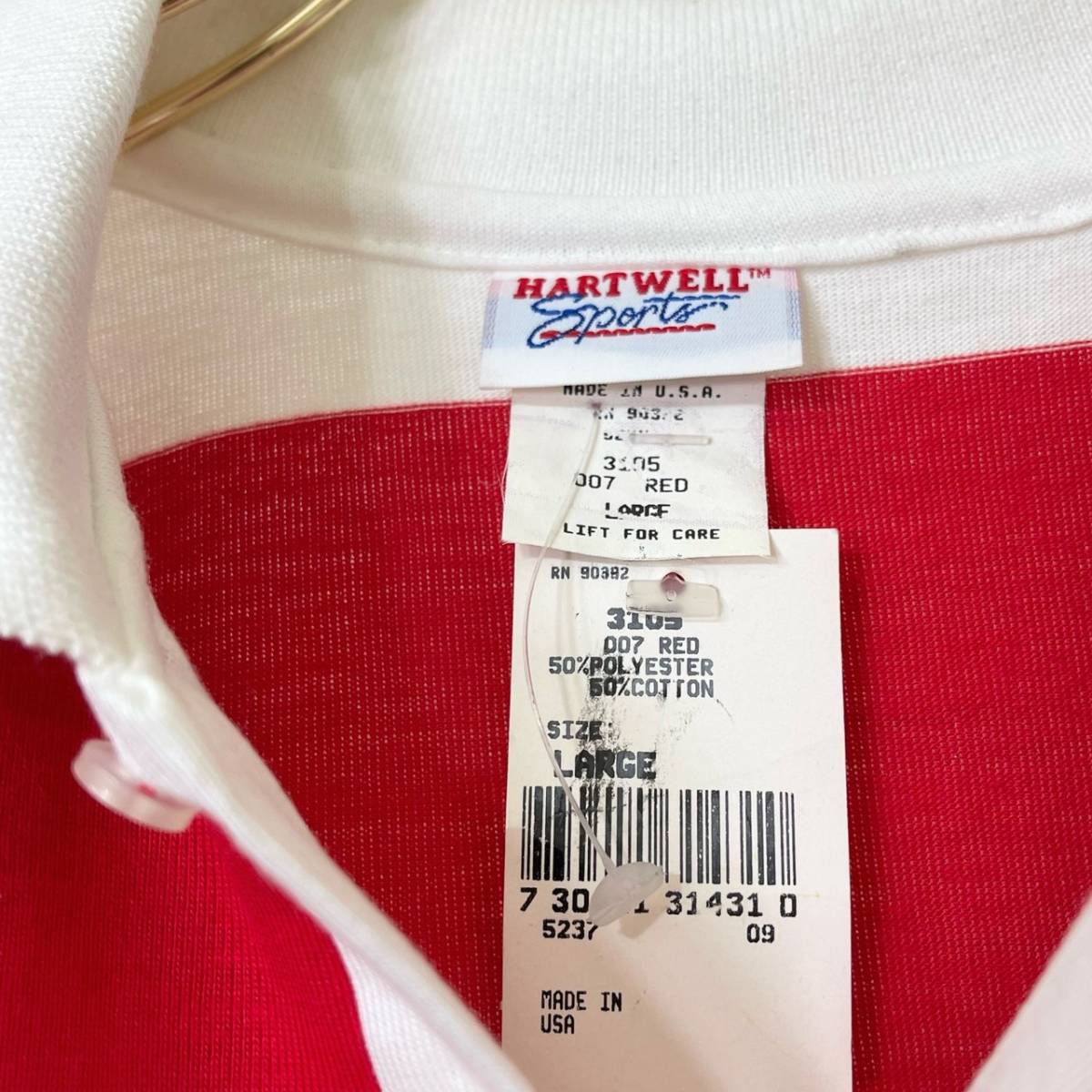 希少《 Dead Stock / Made in USA 》80s 90s デッド【 HARTWELL SPORTS ビンテージ 赤白 日の丸カラー ラガーシャツ L アメリカ製 】_画像2