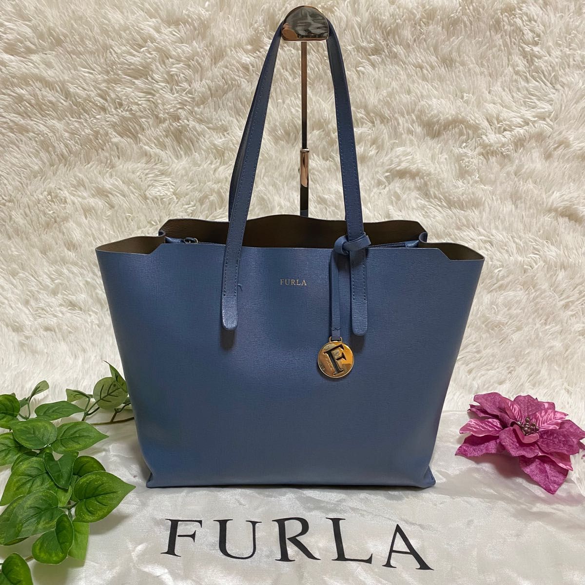 美品】FURLA フルラ トートバッグ ワンショルダートート ブルーグレー