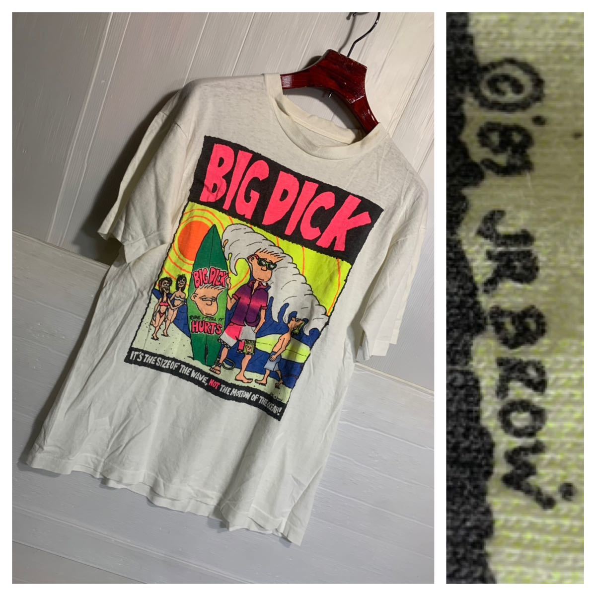 80's ヴィンテージ JR BROW イラスト　BIG DICK エロメッセージ　サーフTシャツ　白　ホワイト　1989 エロTシャツ_画像1