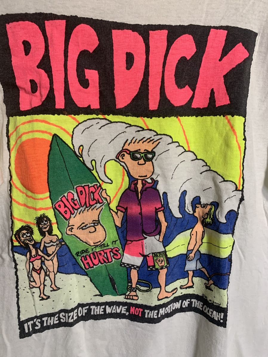 80's ヴィンテージ JR BROW イラスト　BIG DICK エロメッセージ　サーフTシャツ　白　ホワイト　1989 エロTシャツ_画像4