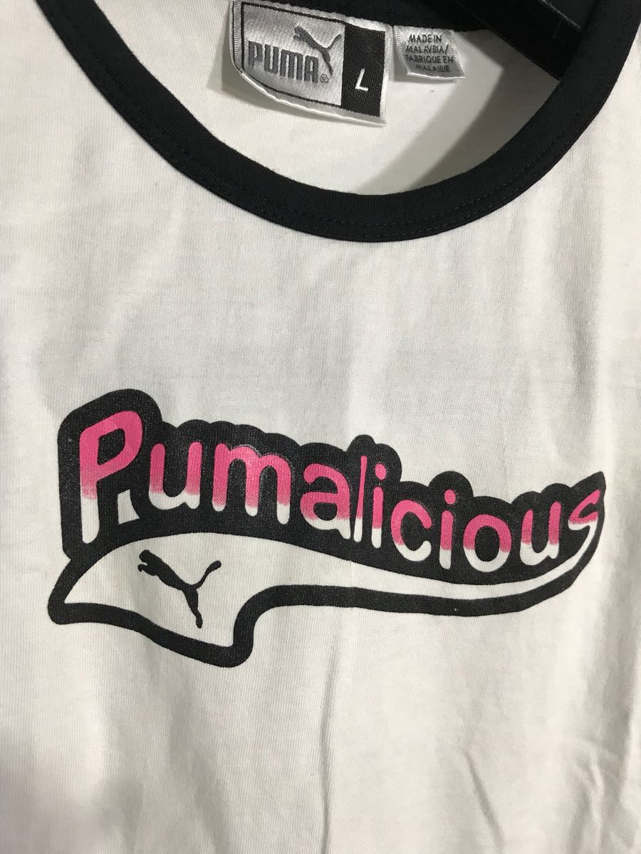 PUMA プーマ 黒トリム Pumalicious ショッキングピンクプーマ ロゴ 半袖 Tシャツ 白 ホワイト L_画像4