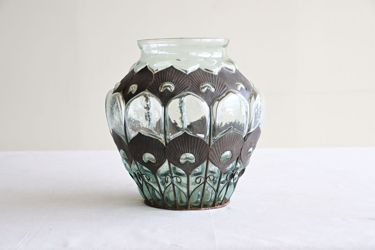 【古美術】古硝子 花瓶 壺 古玩 装飾 アールデコ ディスプレイ インテリア 洋装飾 ガラス 気泡 ゆらゆら