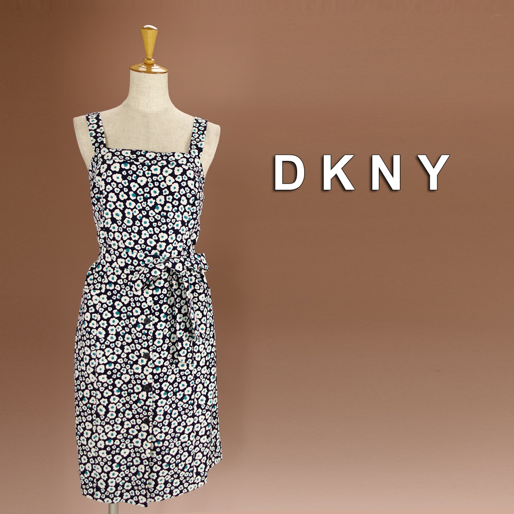 新品 送料185円 DKNY 10/15号 ダナキャラン 紺 白 花柄 ワンピース パーティドレス 結婚式 二次会 披露宴 オフィス フォーマル 輝44H1006_画像1