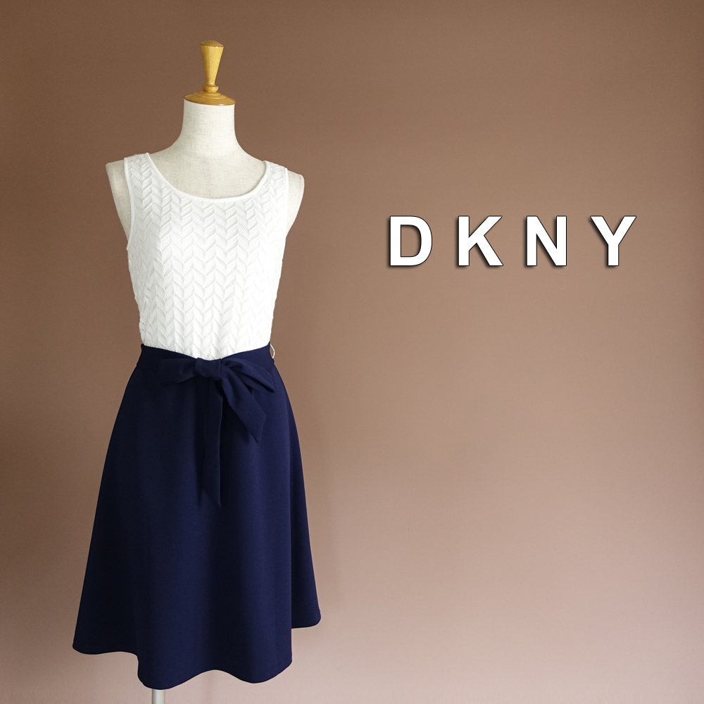 新品DKNY 12/17号 ダナキャラン 紺 白 刺繍 Aライン ワンピース パーティドレス 大きいサイズ 結婚式二次会 オフィス フォーマル 凛46H2406_画像1