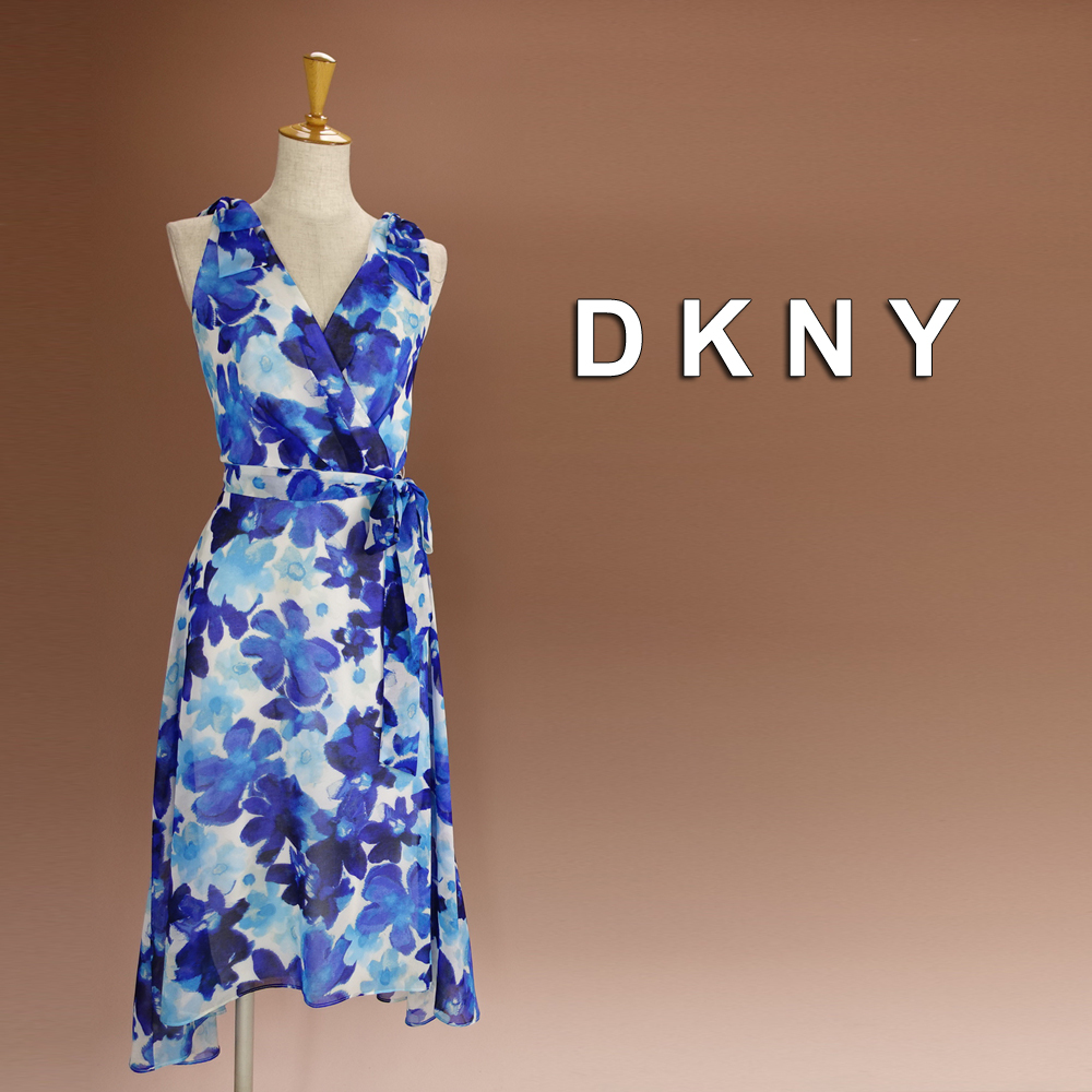新品 DKNY 4/9号 ダナキャラン 青 水色 白 花柄 シフォン ワンピース パーティドレス 結婚式 二次会 披露宴 フォーマル お呼ばれ 華46H2507