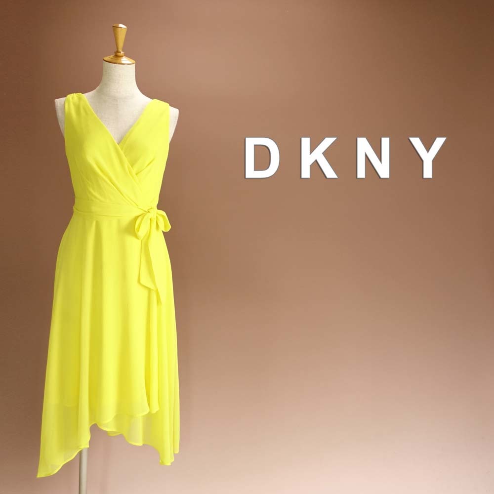 新品 DKNY 2/9号 ダナキャラン 黄色 シフォン Aライン ワンピース パーティドレス 結婚式 二次会 披露宴 フォーマル お呼ばれ 華34H2908