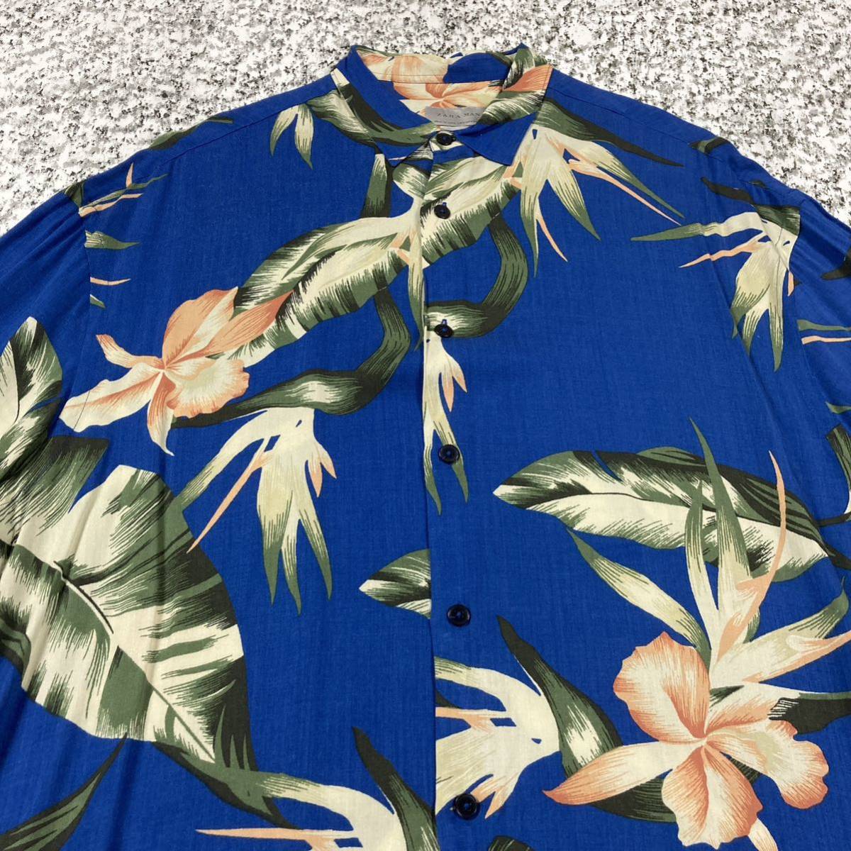 【人気柄】ZARA ボタニカル　花柄　半袖レーヨンシャツ　ブルー　Mサイズ 古着　とろみ　半袖シャツ 柄シャツ 