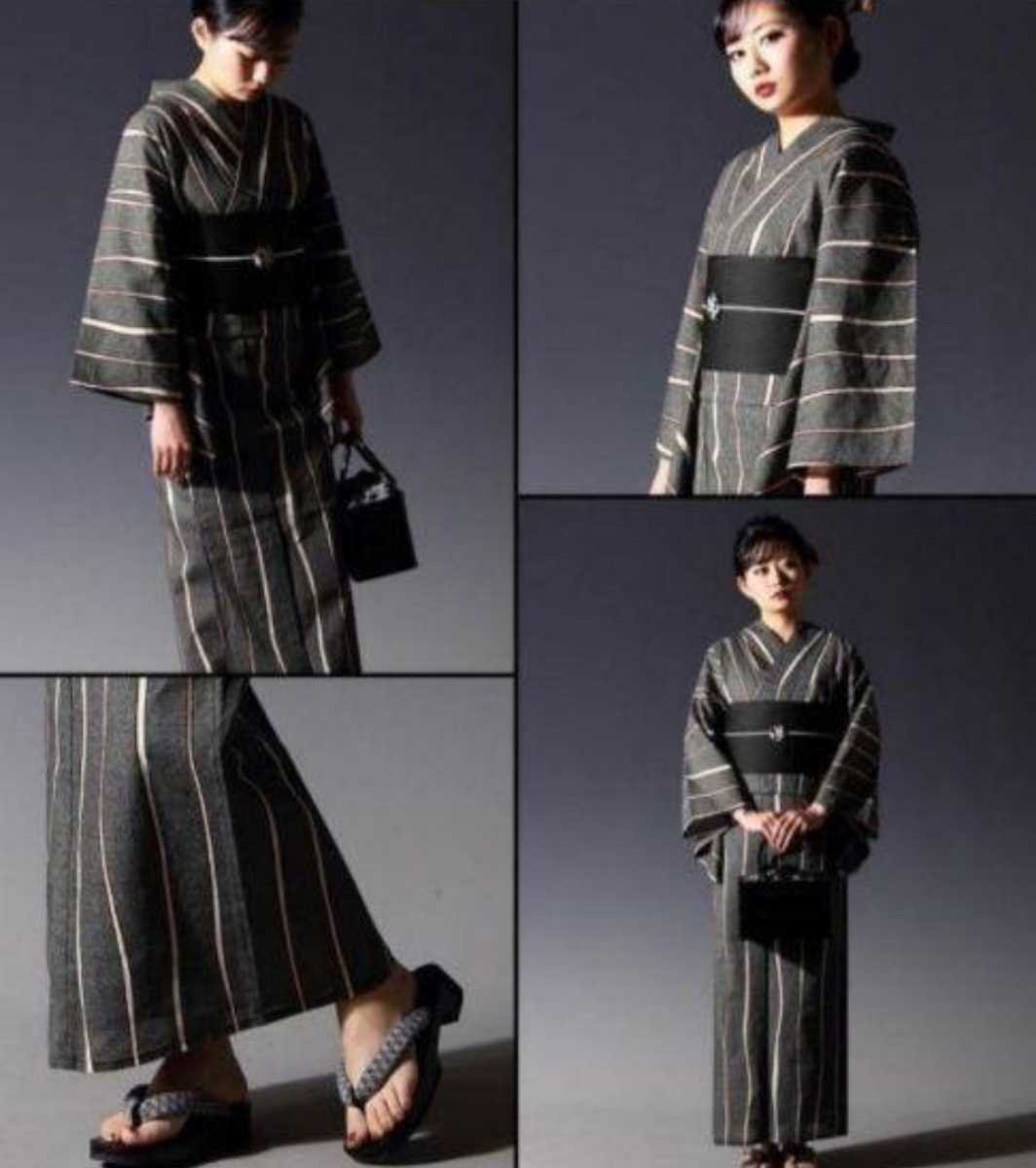 お任せ下駄+黒系半幅帯つき◇江戸縞黒☆高級鮫小紋柄◇フリーサイズ