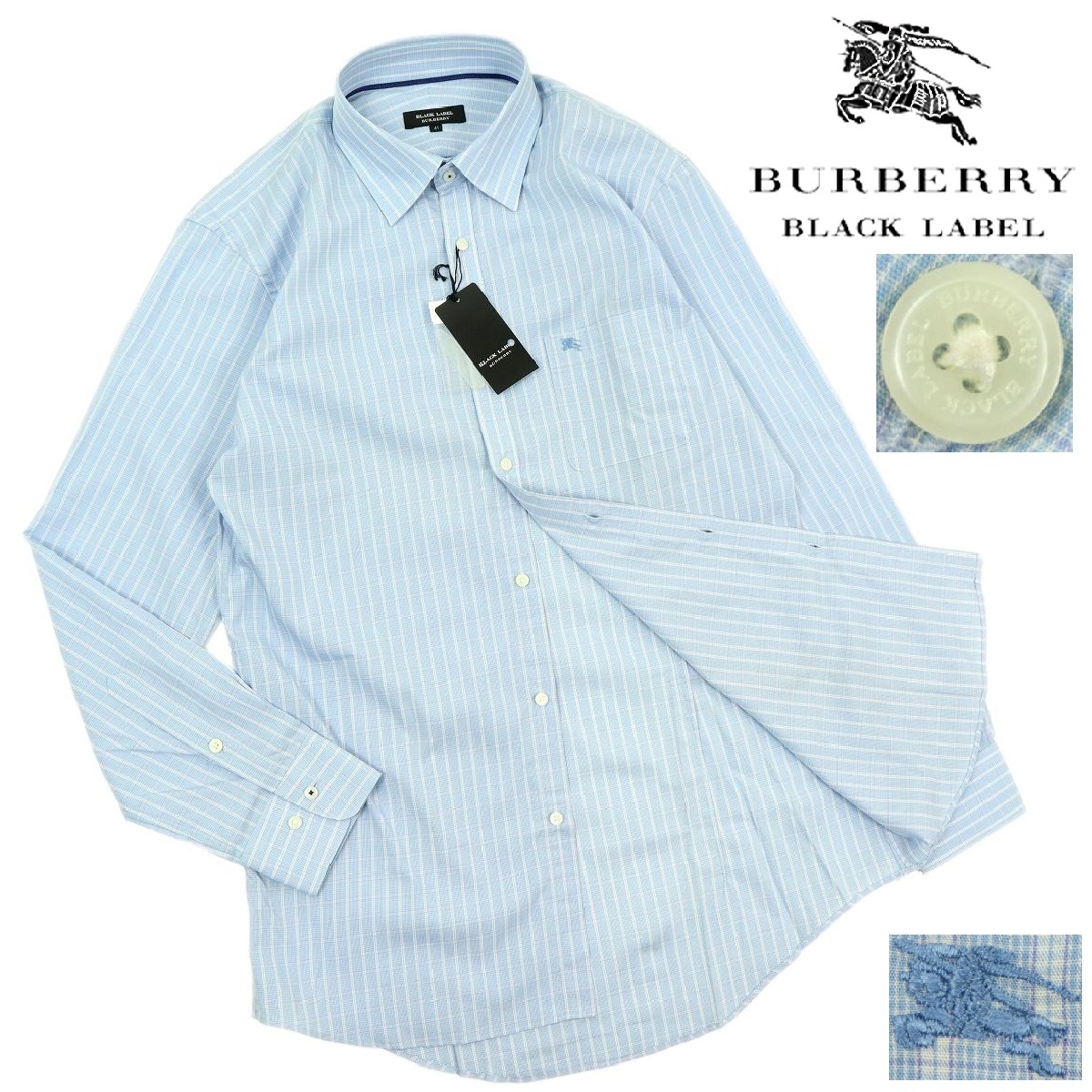 【B2334】【新品】BURBERRY BLACK LABEL バーバリーブラックレーベル 長袖シャツ ドレスシャツ ホース刺繍 ホースマーク ノバチェック 41