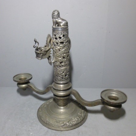 【史】真鍮製 キャンドルスタンド アジアンアンティーク 燭台 回転式 獅子と龍 珍品_画像1