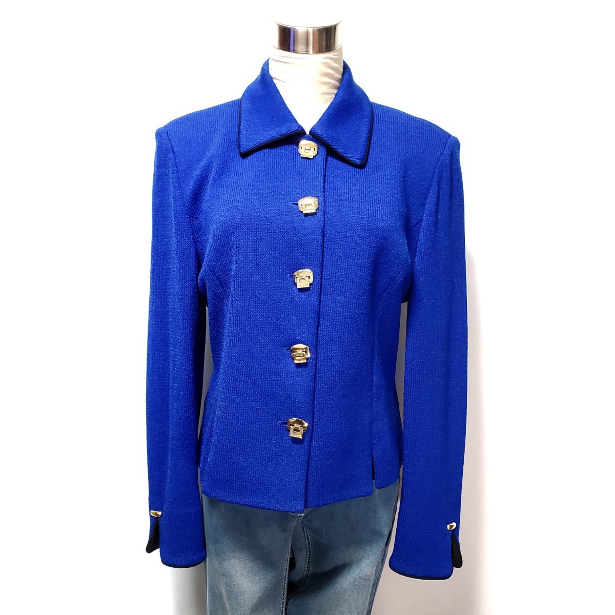 【2022?新作】 MARIE BY COLLECTION ST.JOHN GRAY サイズ8（約Lサイズ相当） 青　ニットジャケット セントジョンコレクション Lサイズ
