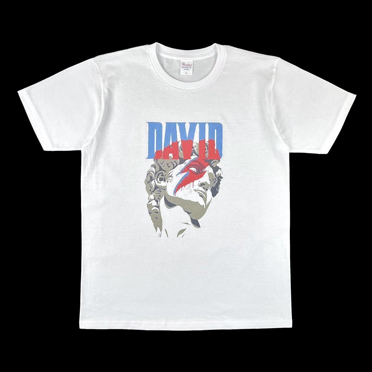 人気商品の BOWIE DAVID ミケランジェロ ダビデ像 新品 デヴィッド Mサイズ 白 ビッグ タイト Tシャツ メイク サンダー 雷