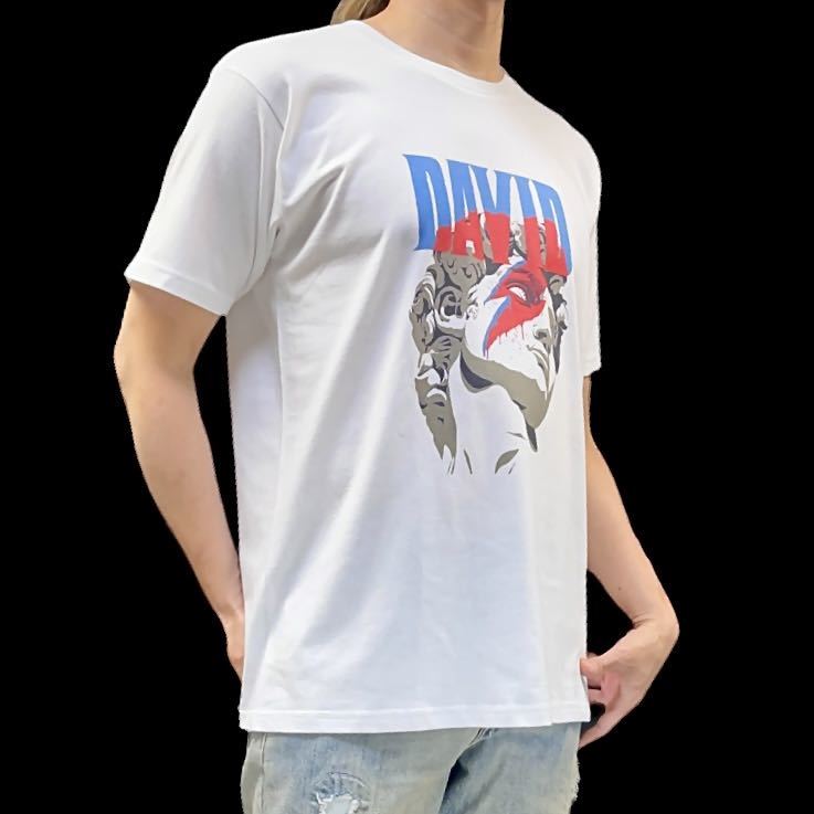 新品 ダビデ像 ミケランジェロ DAVID BOWIE デヴィッド ボウイ アラジンセイン 稲妻 雷 サンダー メイク Tシャツ 小さい タイト 白 Sサイズ