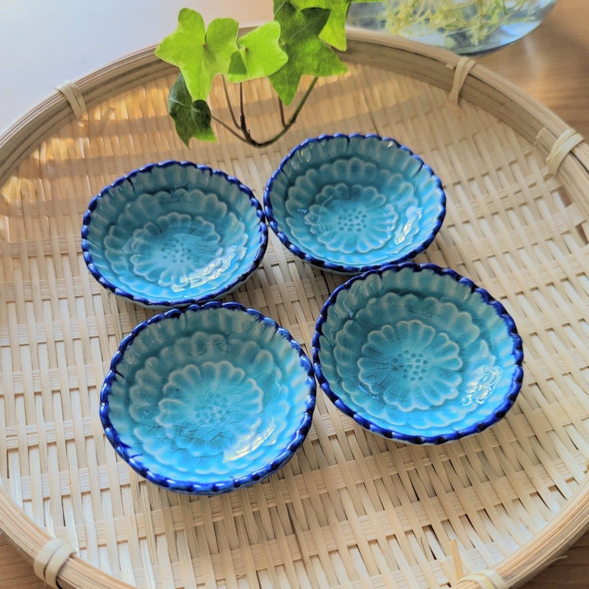 豆皿 4枚セット 小鉢セット トルコブルー 牡丹 小皿 食器セット ブルー系