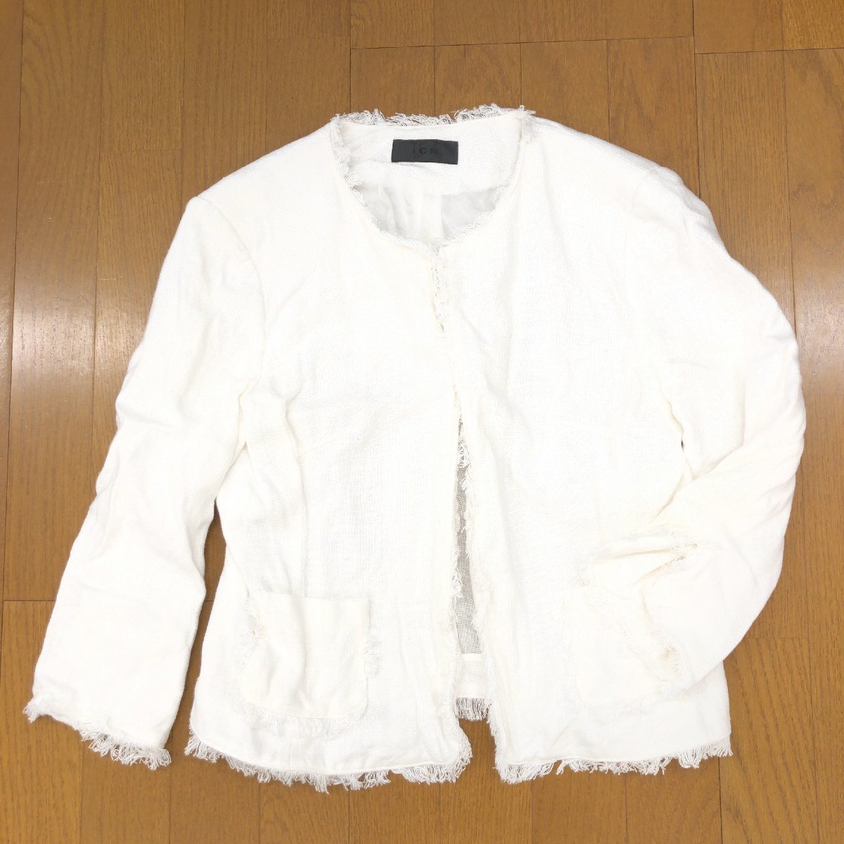 ●ICB アイシービー 麻 リネンブレンド フリンジ装飾 サマー ジャケット 17(3XL) 白 ホワイト 日本製 九分袖 羽織り 4L ゆったり 大きいの画像1