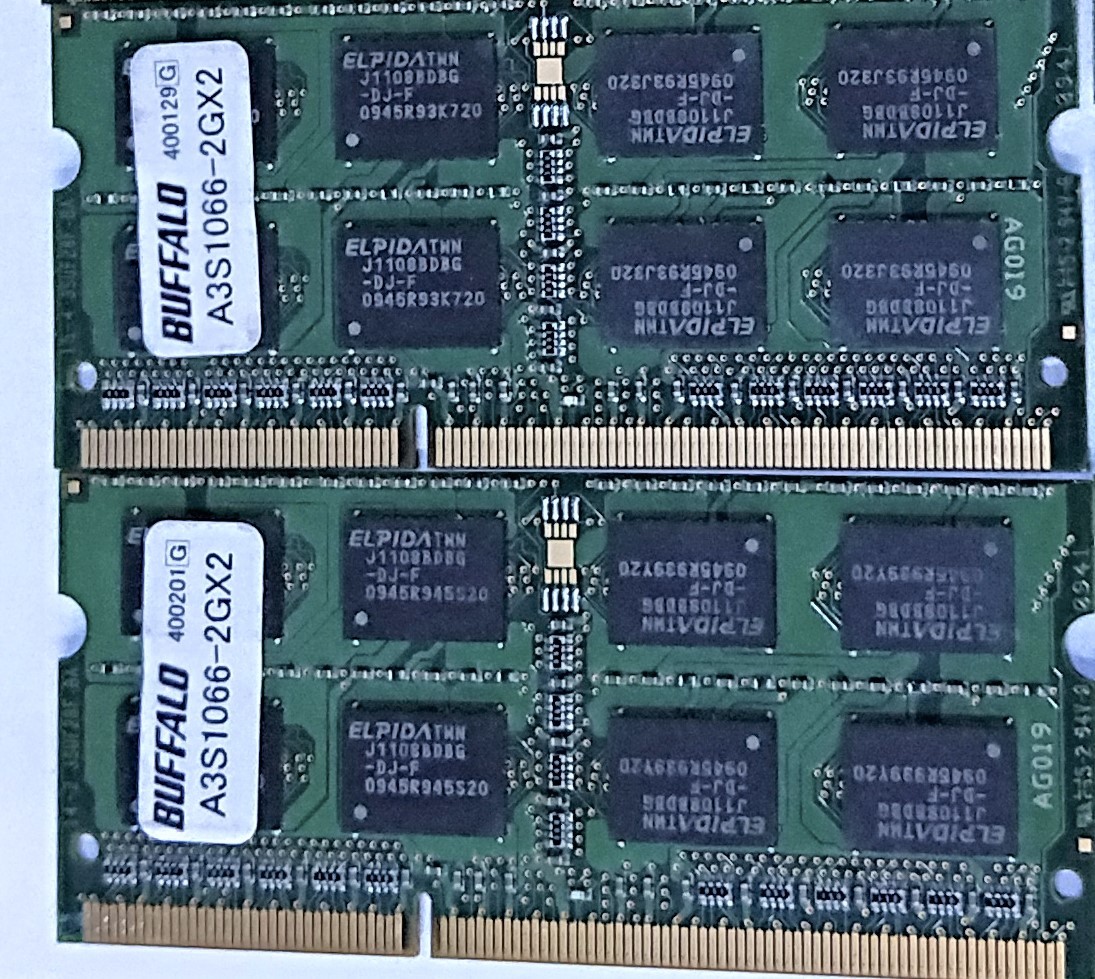 【中古パーツ】PC3 ノートパソコン用 DDR3 メモリ BUFFALO A3S1066-2GX2 2GBx2枚 計4GB 送料無料（在庫8枚）■N(175)_画像1