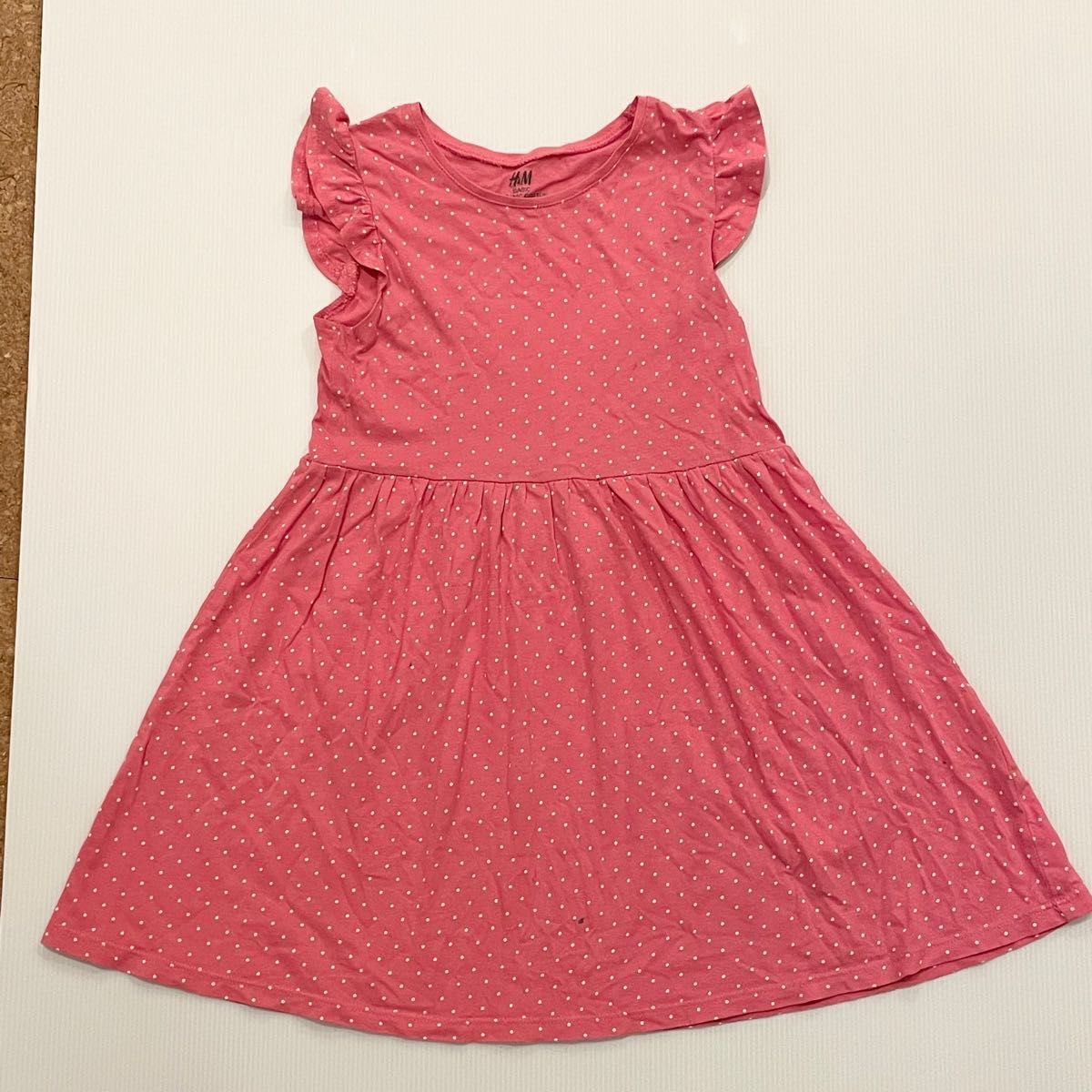 ノースリーブ肩フリル ピンク水玉ワンピース 110サイズ 綿100% おしゃれ 幼稚園 保育園 女の子 夏服