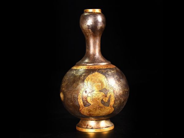「唐代 古銀彫 塗金仏家浄瓶擺件」旧銀器 置物擺件 賞物 中国古美術 旧蔵出