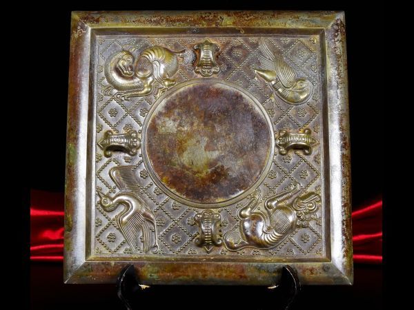 「戦國時期 青銅器彫 瑞獣紋青銅方鏡」青銅器 置物擺件 賞物 中国古美術 旧蔵出