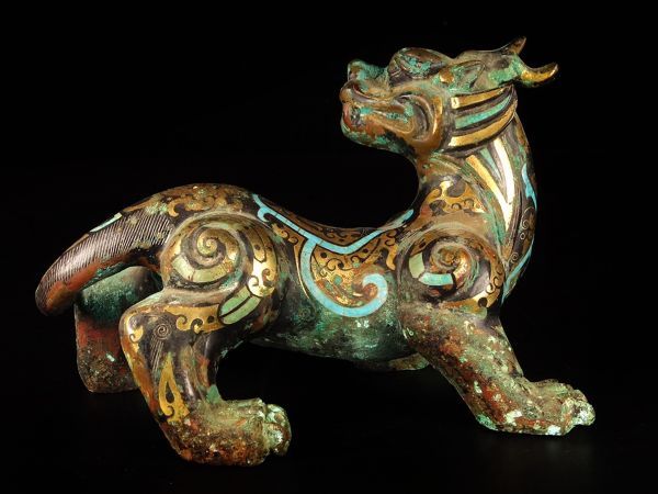 「戦國時期 青銅器彫 錯金銀青銅神獣擺件」青銅器 置物擺件 賞物 中国古美術 旧蔵出