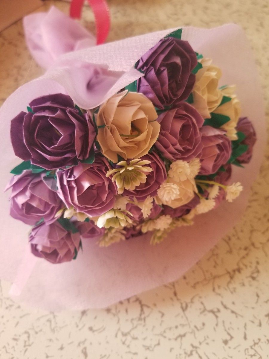 折り紙　ミニ薔薇のブーケ　25本　紫　花束
