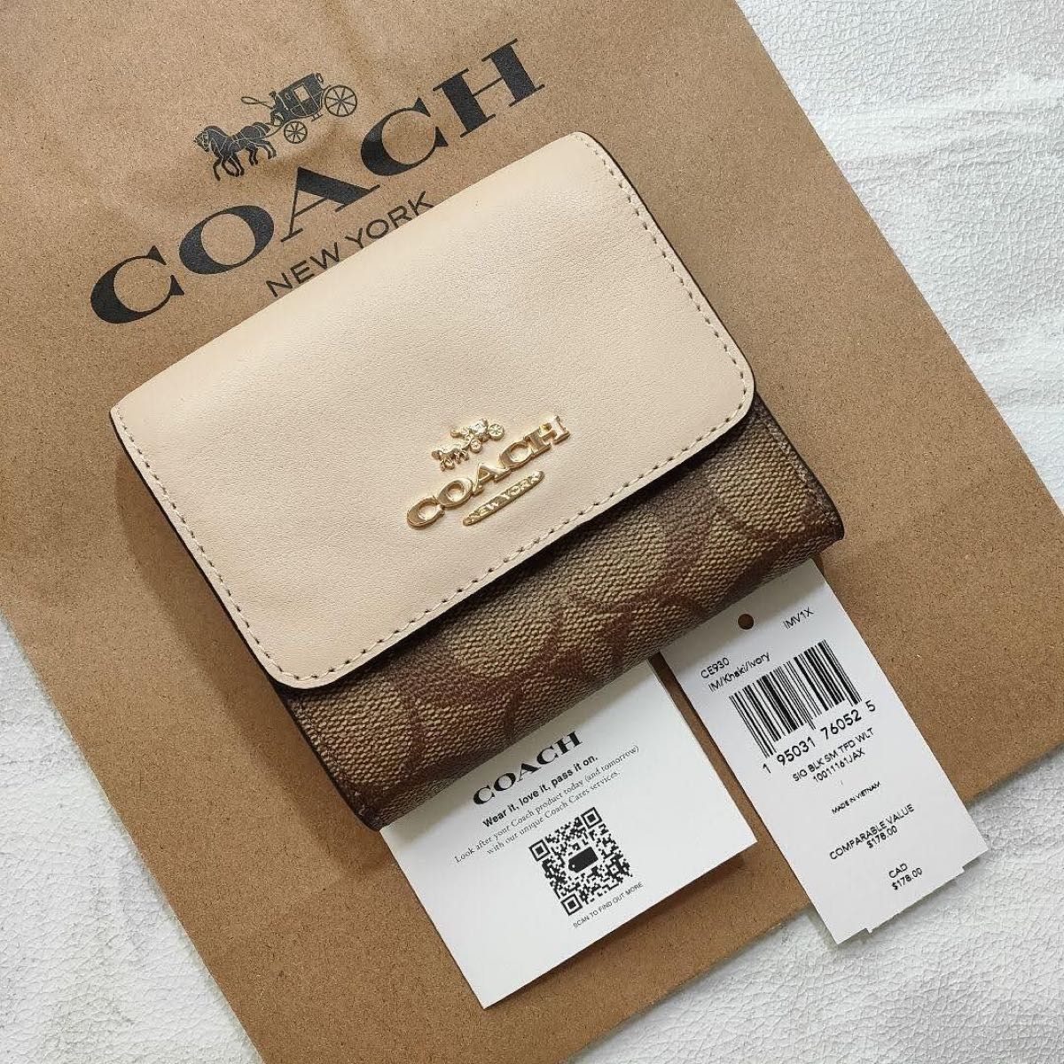 新作★COACH コーチ 三つ折り コンパクト ウォレット ミニ財布 ホワイト シグネチャー