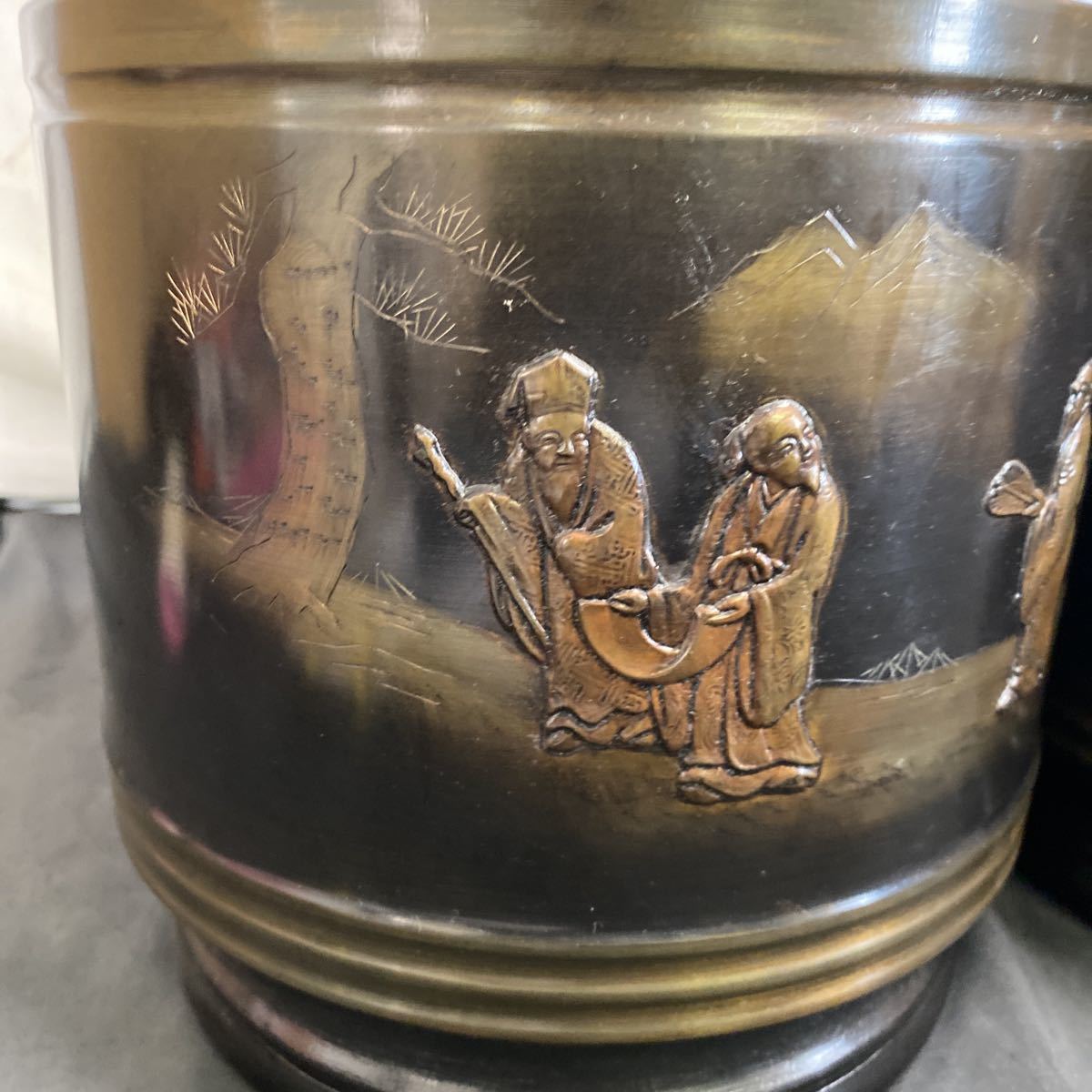 ◇昭和レトロ 美術 御火鉢 2点セット 火箸付 丸火鉢 火桶 金属工芸 古
