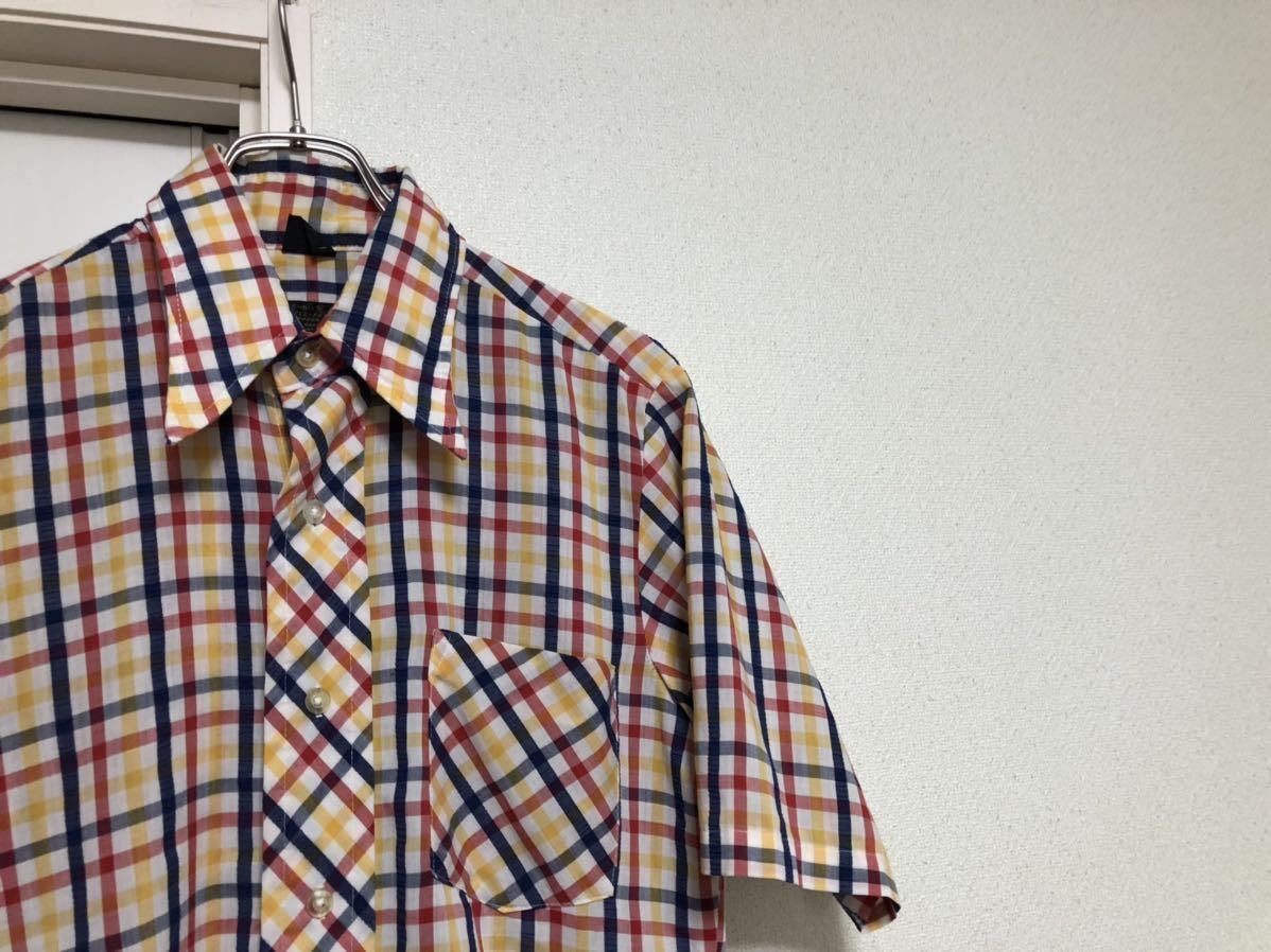 【送料無料】70s80sヴィンテージMADE IN USAアメリカ製h.i.sチェック半袖シャツsize M15-15 1/2_画像1